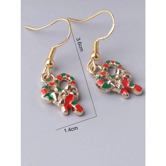 GOLD COLORFUL CHRISTMAS CANDY CANE BOW DANGLE EARRINGS - Picture 4 of 6